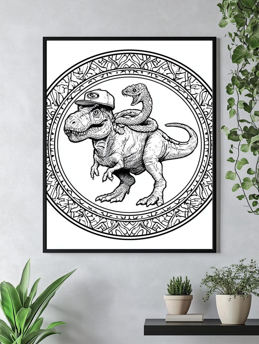 Dinosaur and Snake Line Art Poster. — room view 4