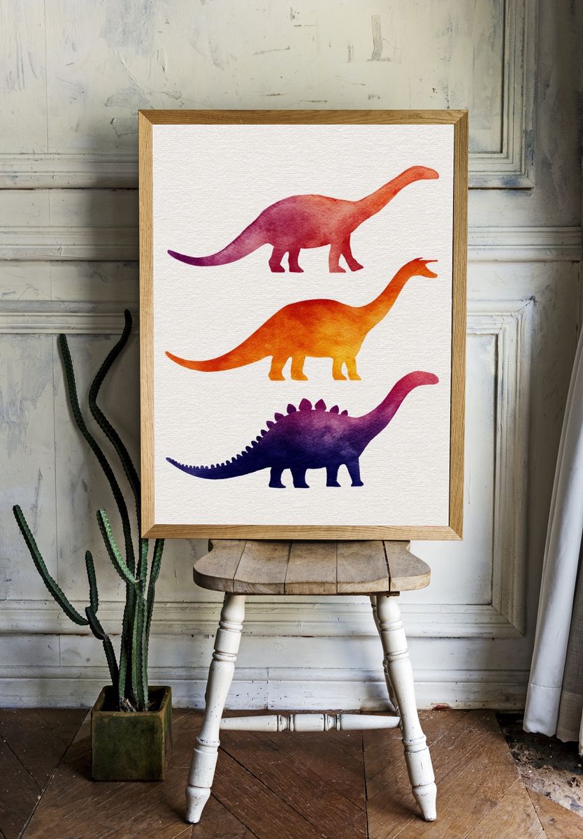 Watercolor Dinosaurs Illustration Print. room preview