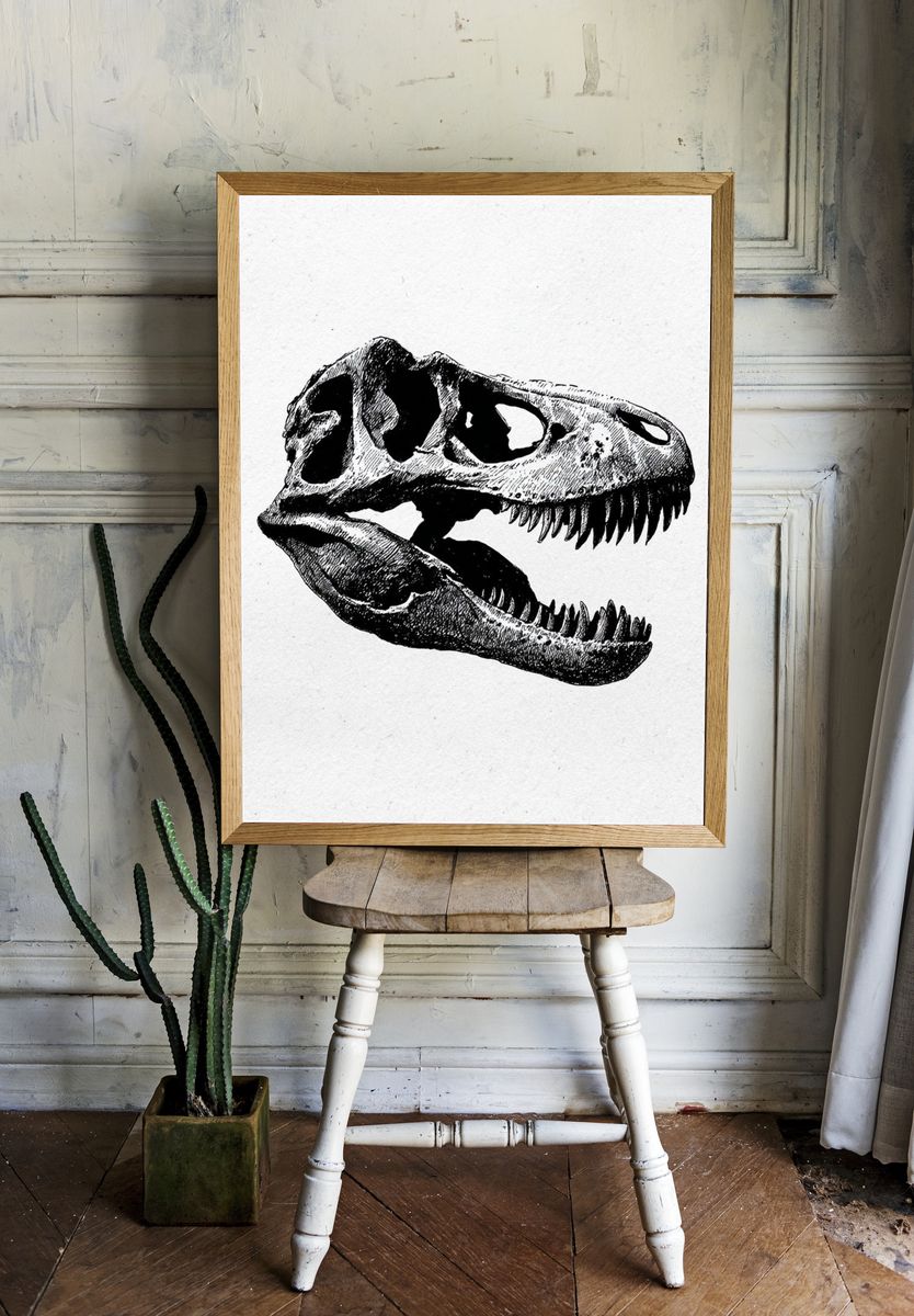 Tyrannosaurus Skull Ink Print. room preview