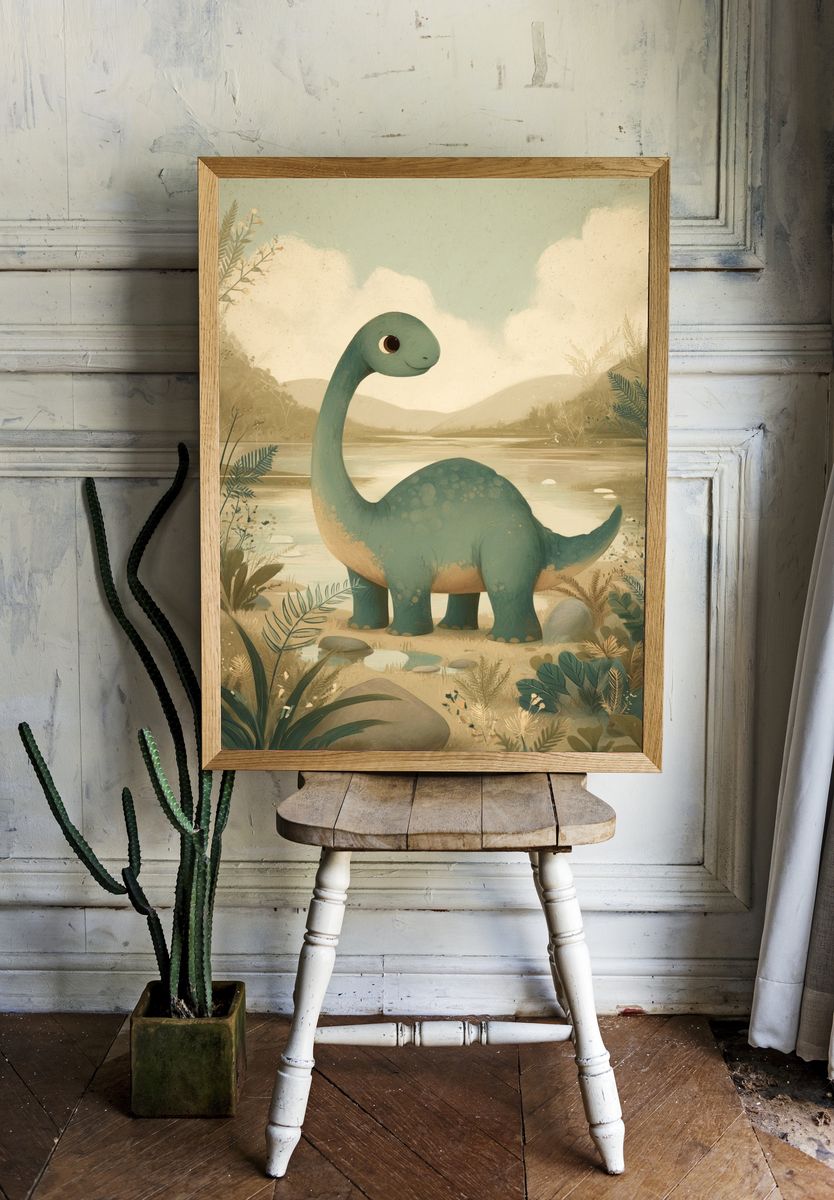 Friendly Dinosaur — Kids Illustration Print. room preview