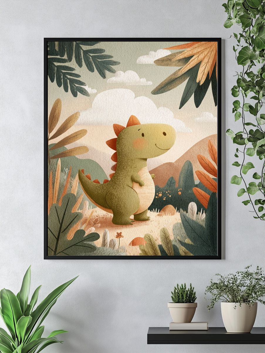 Cute Dinosaur in Nature — Kids Print. — room view 4