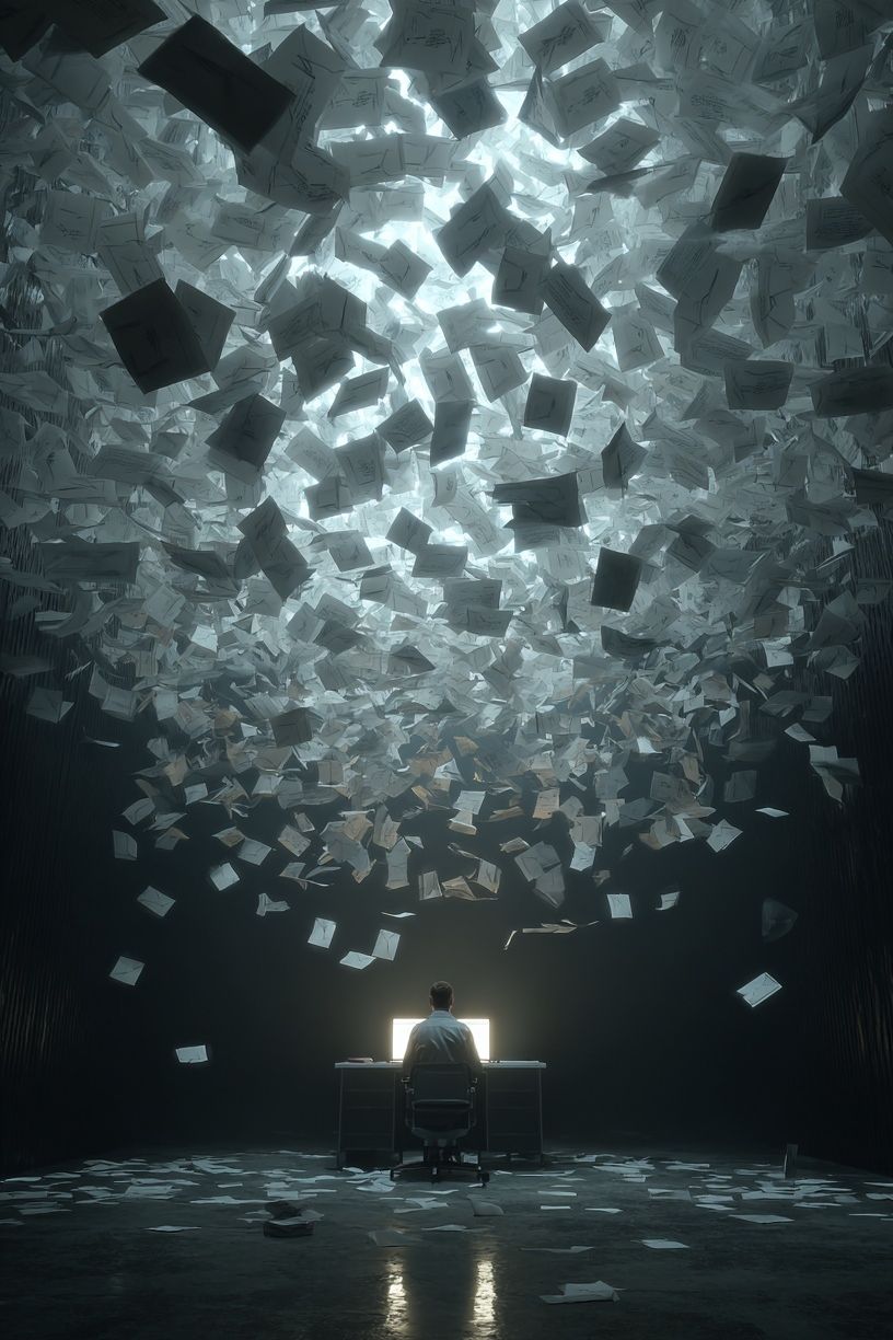 Overwhelmed by Paperwork — Digital Art Print. poster detail