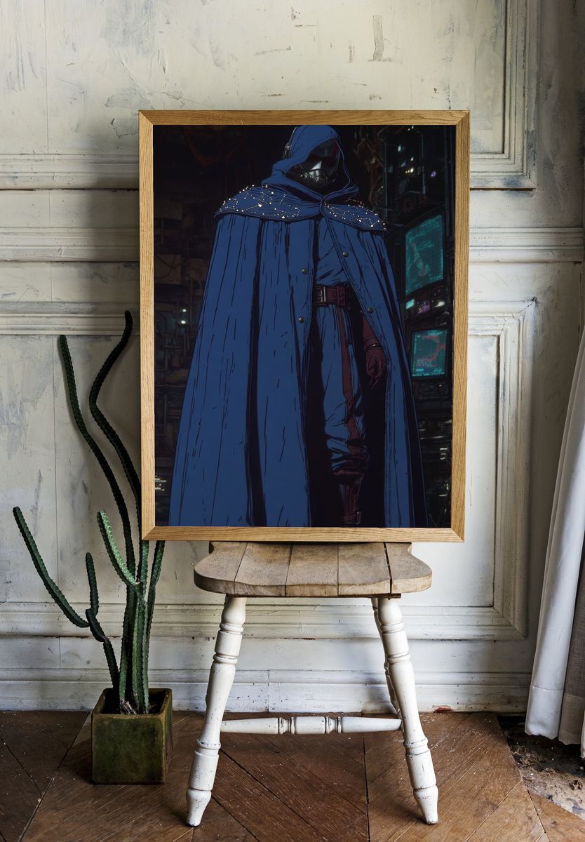 Mysterious Figure in Blue Cloak — Digital Art Print room preview