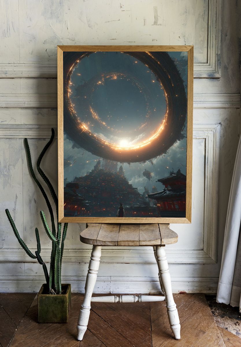 Futuristic Temple with Cosmic Ring — Digital Art Print room preview