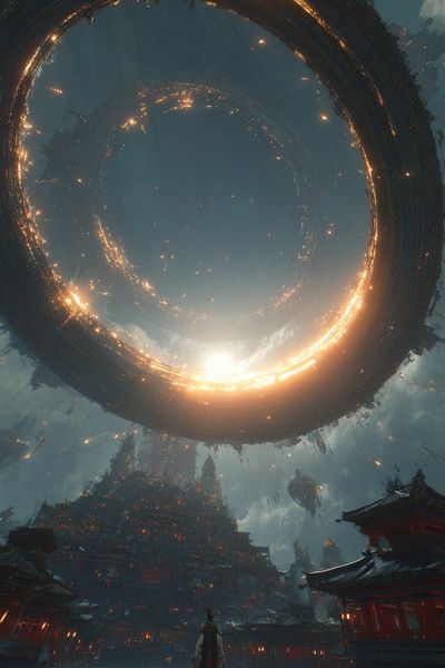 Futuristic Temple with Cosmic Ring — Digital Art Print. poster print
