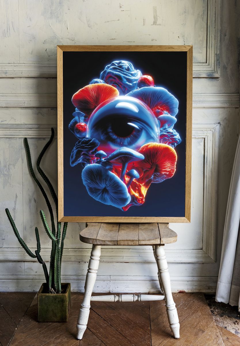 Surreal Eye with Mushrooms — Digital Art Print room preview
