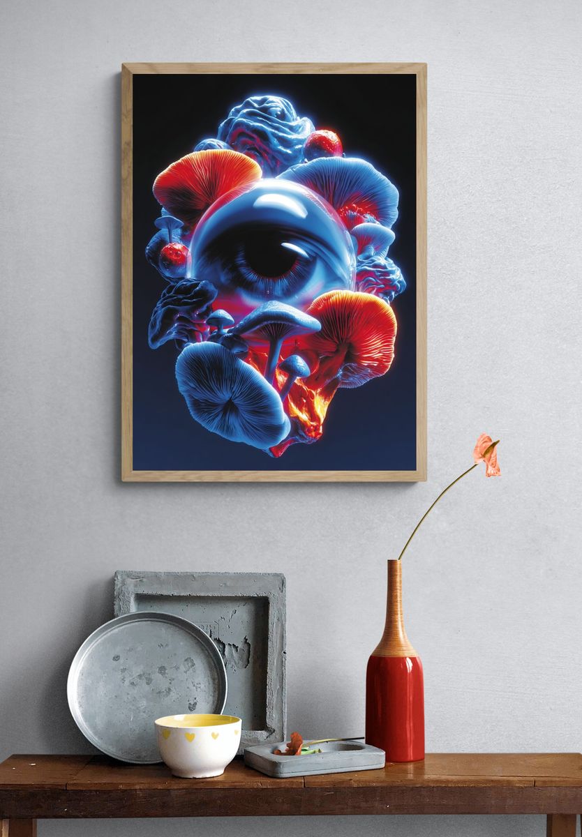 Surreal Eye with Mushrooms — Digital Art Print. — room view 3