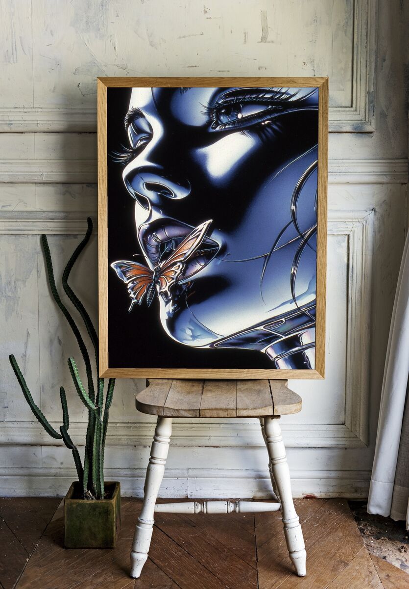 Futuristic Woman with Butterfly — Digital Art Print room preview