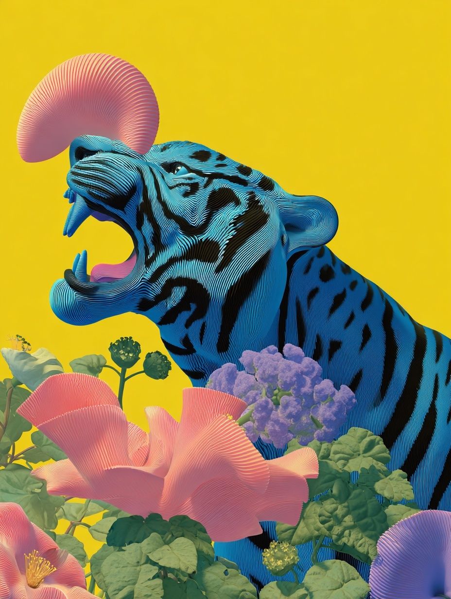 Blue Tiger with Flowers — Digital Art Print. poster detail