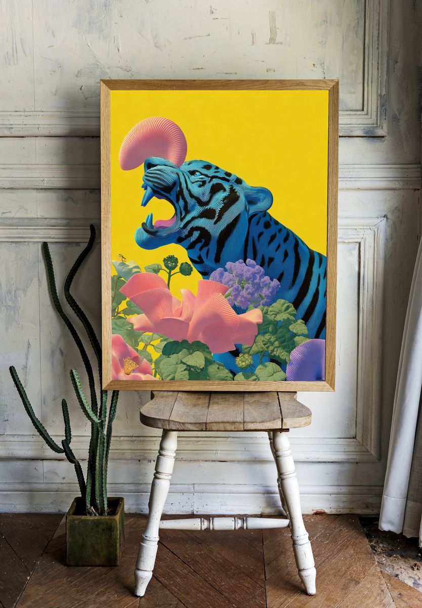 Blue Tiger with Flowers — Digital Art Print room preview