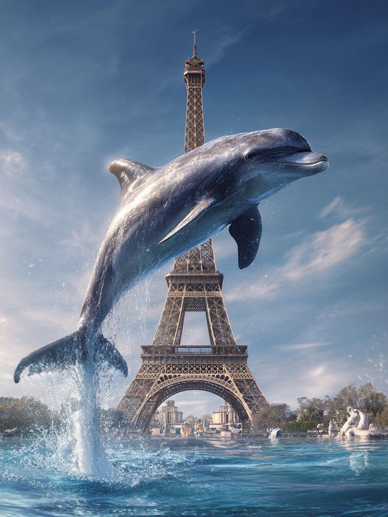 Dolphin Over Eiffel Tower Print. poster detail