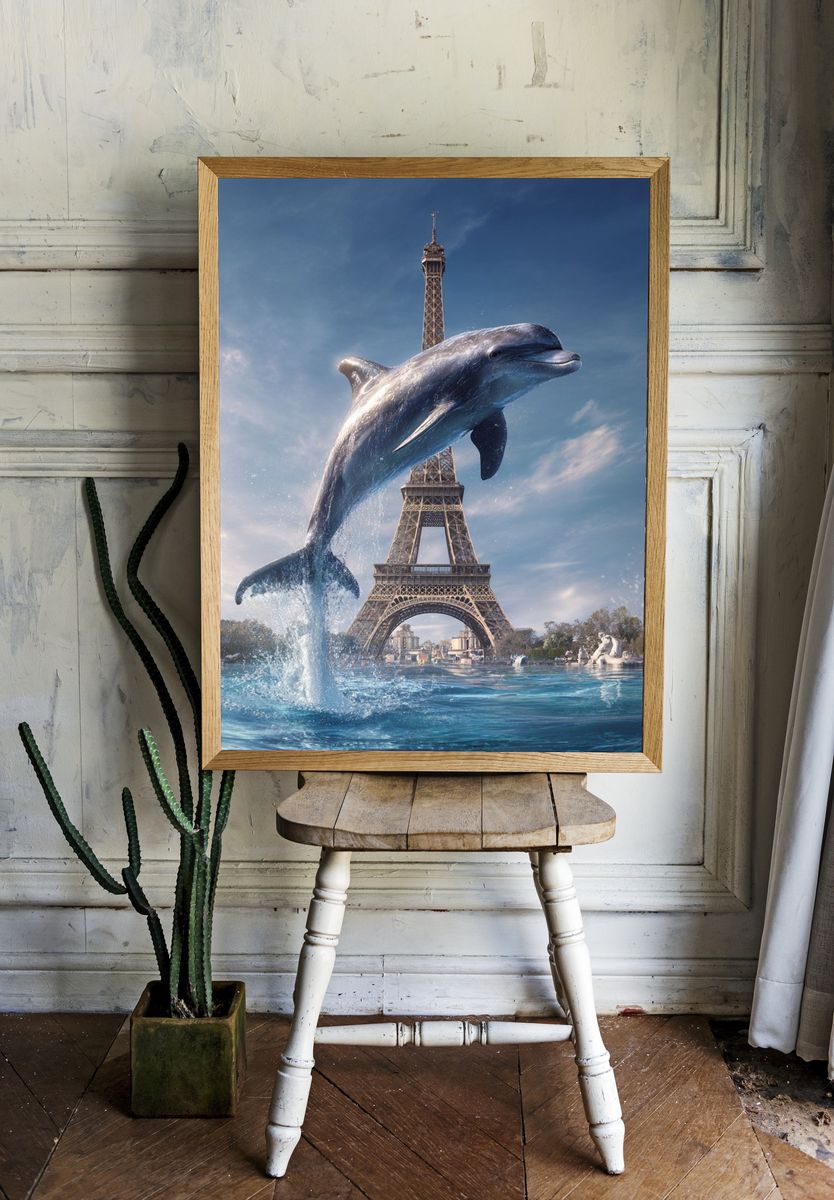 Dolphin Over Eiffel Tower Print. — room view 1