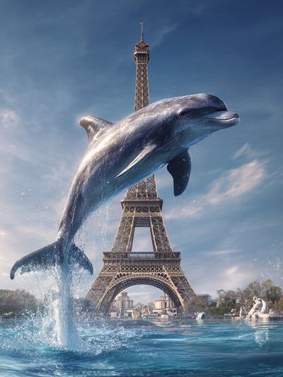 Dolphin Over Eiffel Tower Print. poster print
