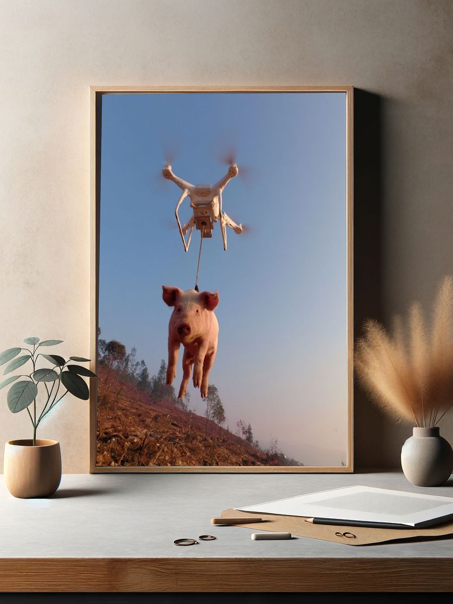 Drone-Lifted Pig Surrealism Print. — room view 2
