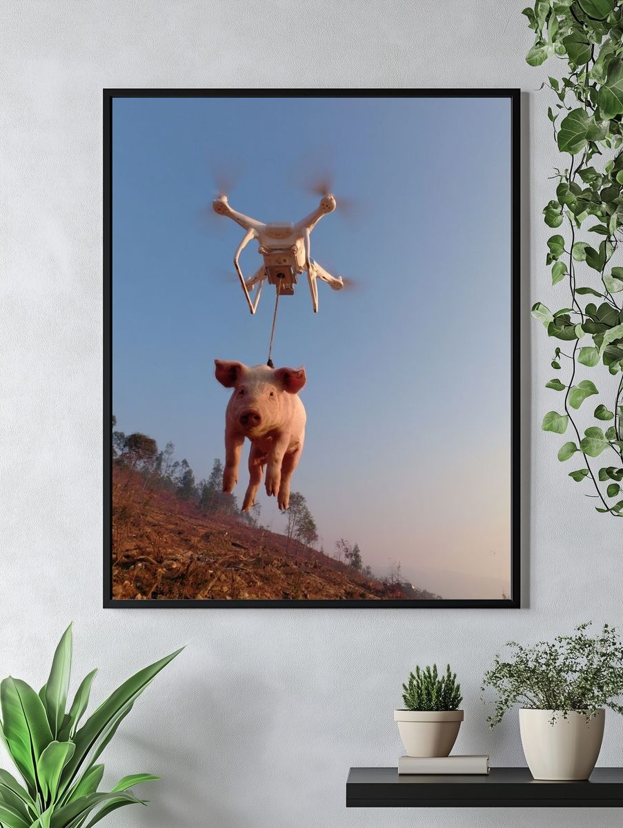 Drone-Lifted Pig Surrealism Print. — room view 4