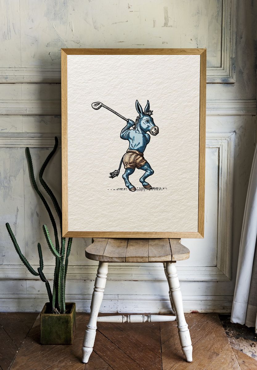 Golfing Donkey — Vintage Print. — room view 1