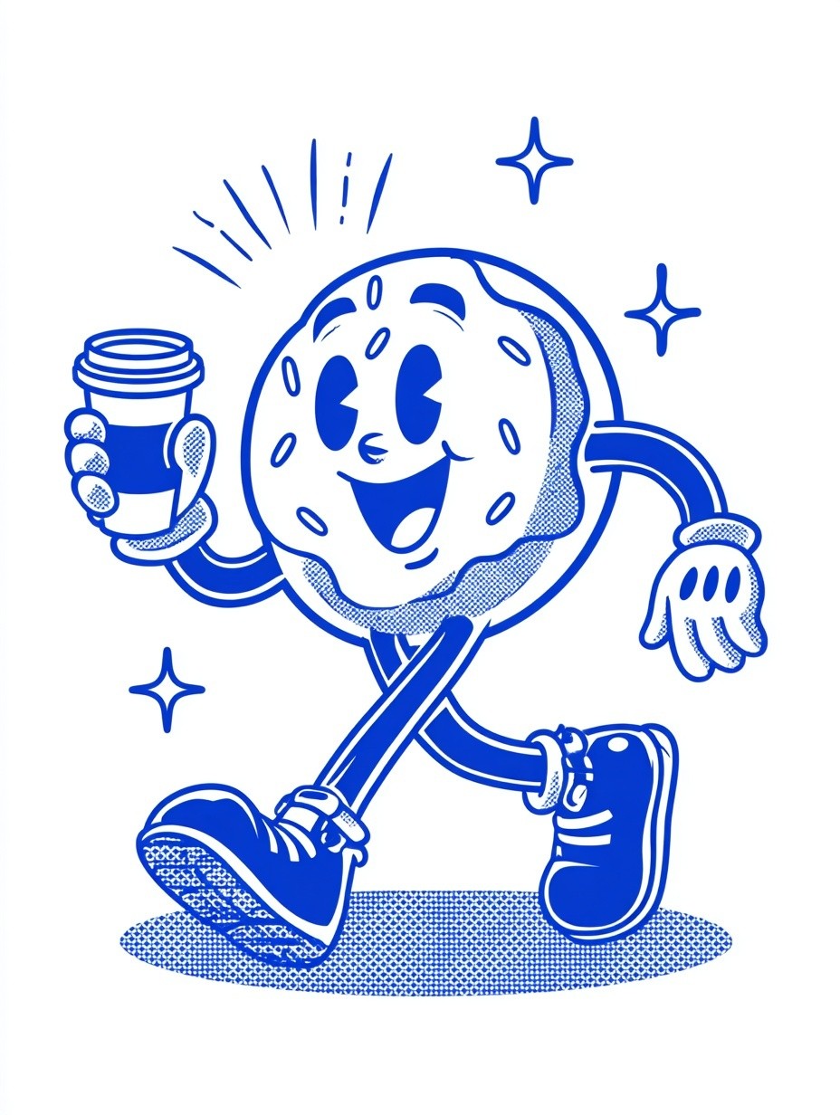 Happy Donut with Coffee — Cartoon Print. poster — illustration art