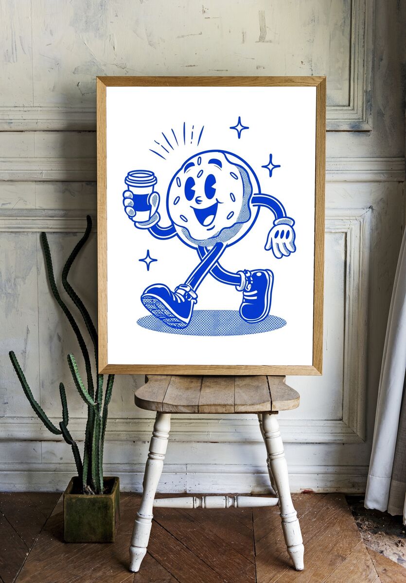 Happy Donut with Coffee — Cartoon Print. — room view 1