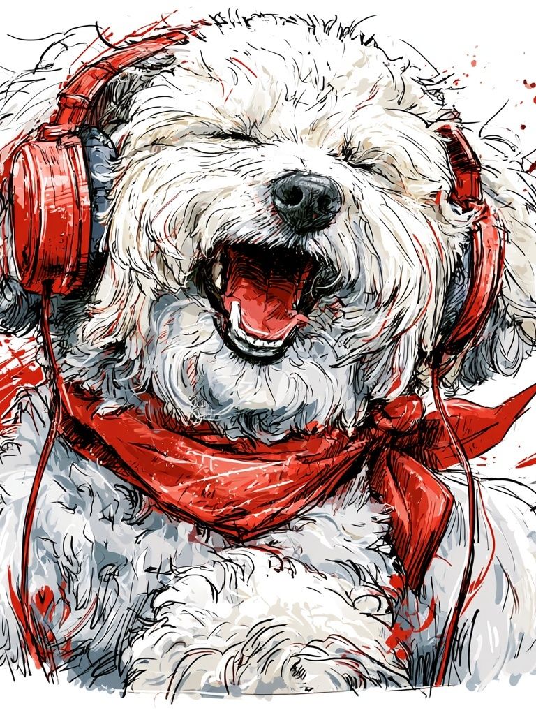 Happy Dog with Headphones Print. poster — animals art