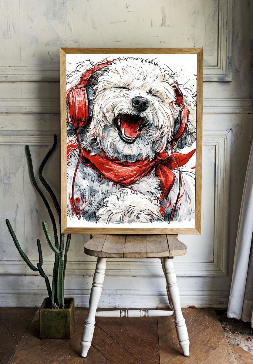 Happy Dog with Headphones Print. — room view 1