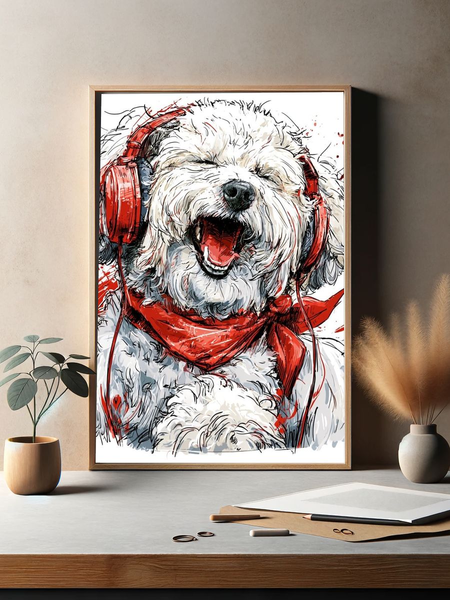 Happy Dog with Headphones Print. — room view 2