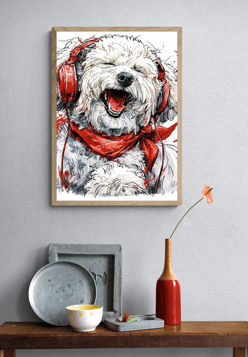 Happy Dog with Headphones Print. — room view 3