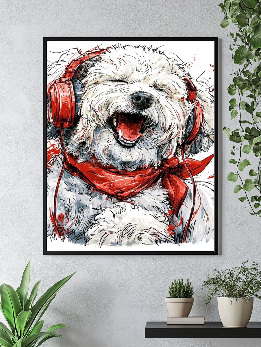 Happy Dog with Headphones Print. — room view 4