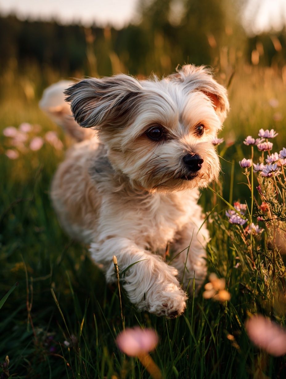 Playful Dog in a Flower Field Poster. poster detail