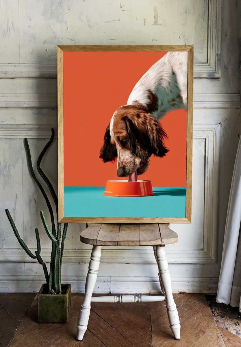Dog with Bowl Photography Poster. — room view 1