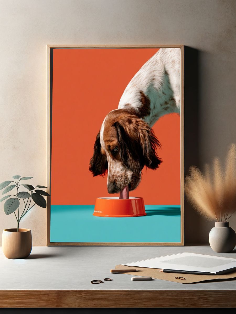 Dog with Bowl Photography Poster. — room view 2
