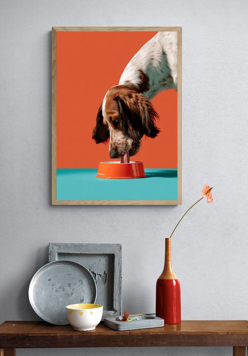 Dog with Bowl Photography Poster. — room view 3