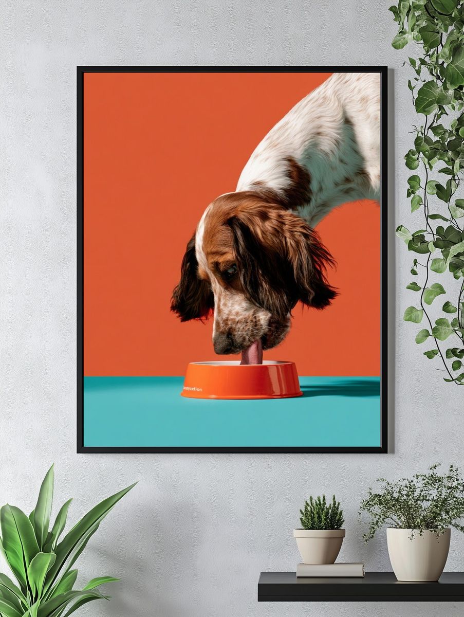 Dog with Bowl Photography Poster. — room view 4