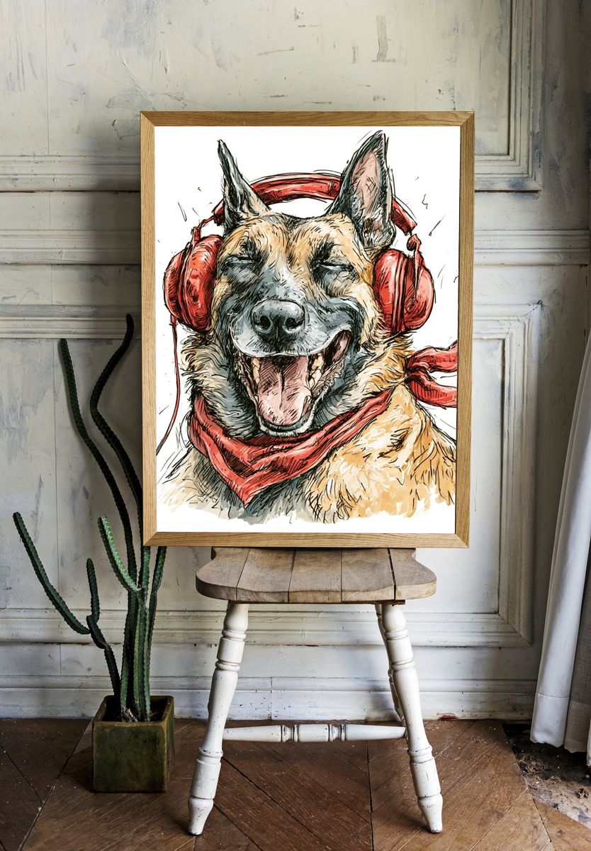 Happy German Shepherd Illustration Poster. — room view 1