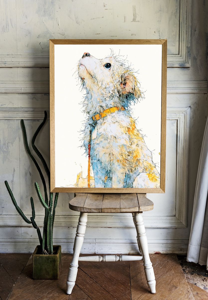 Curious Dog Watercolor Poster. — room view 1