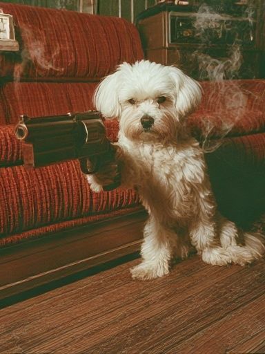 Dog with Revolver Vintage Print. poster — animals art