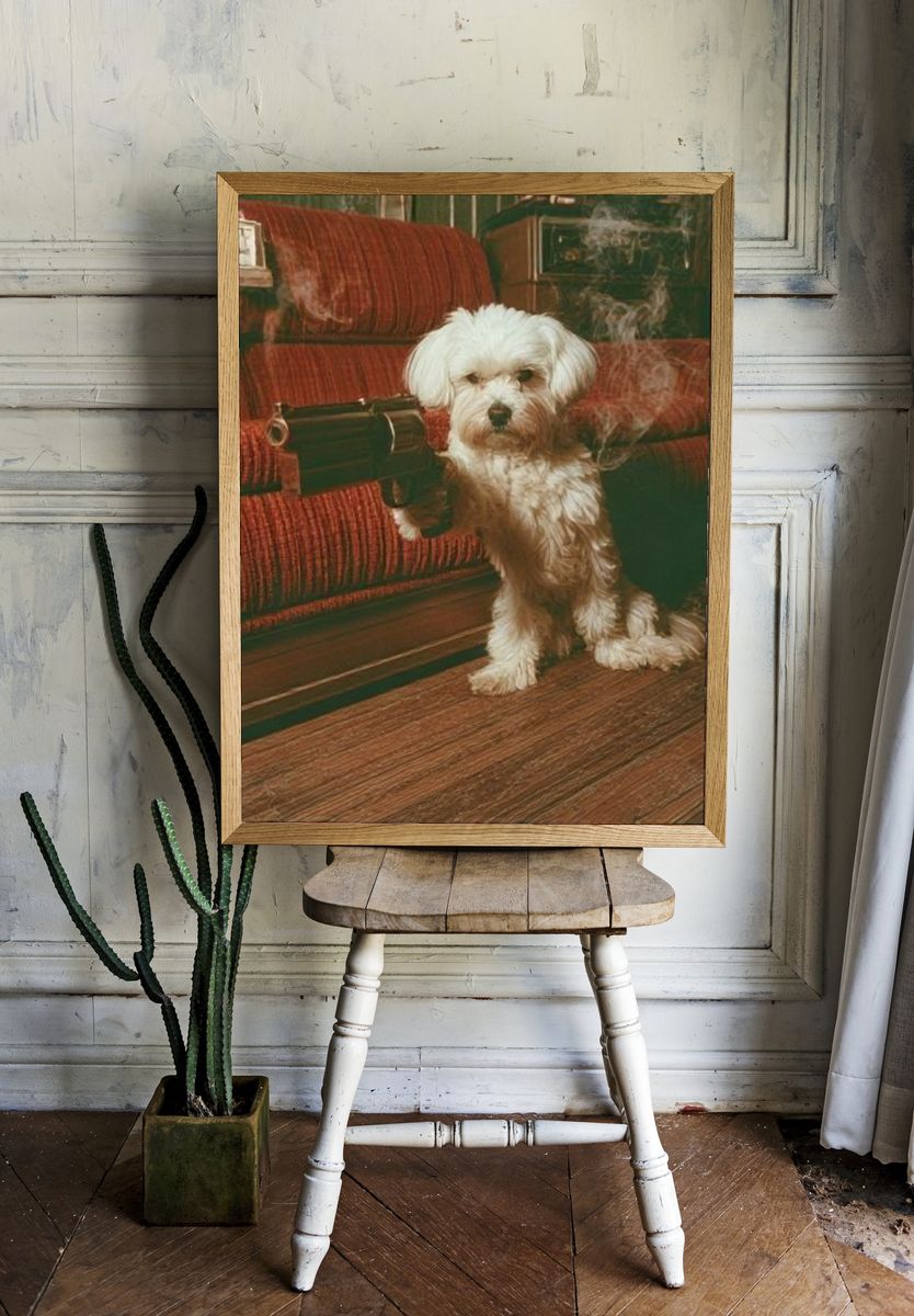 Dog with Revolver Vintage Print. — room view 1