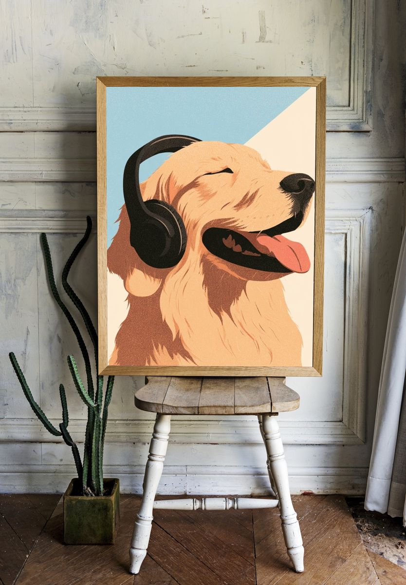 Golden Retriever Headphones Illustration Poster. room preview