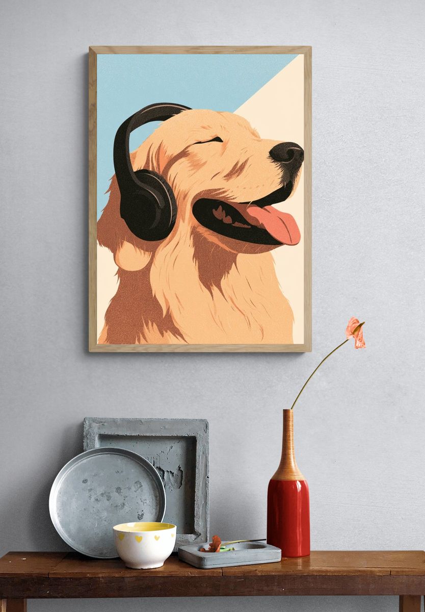 Golden Retriever Headphones Illustration Poster. — room view 3