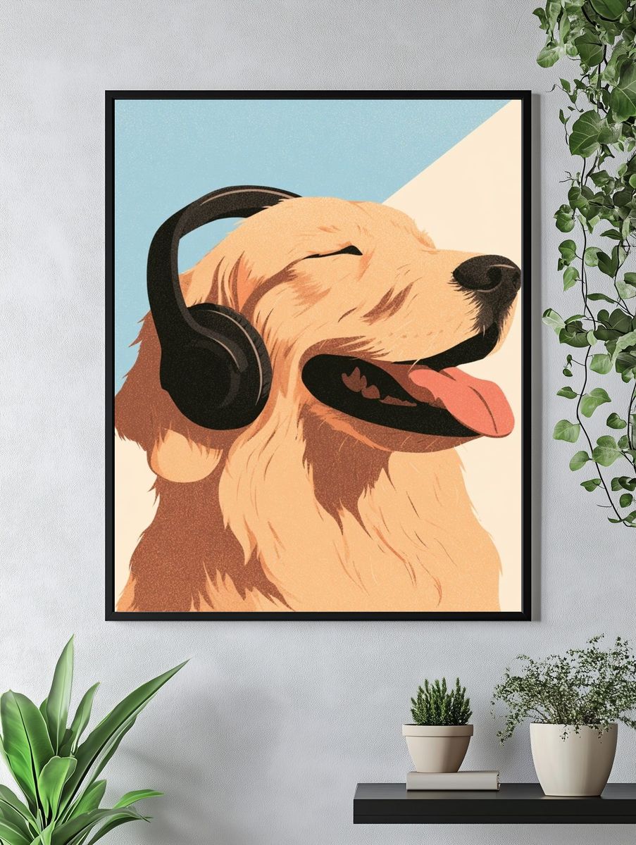 Golden Retriever Headphones Illustration Poster. — room view 4