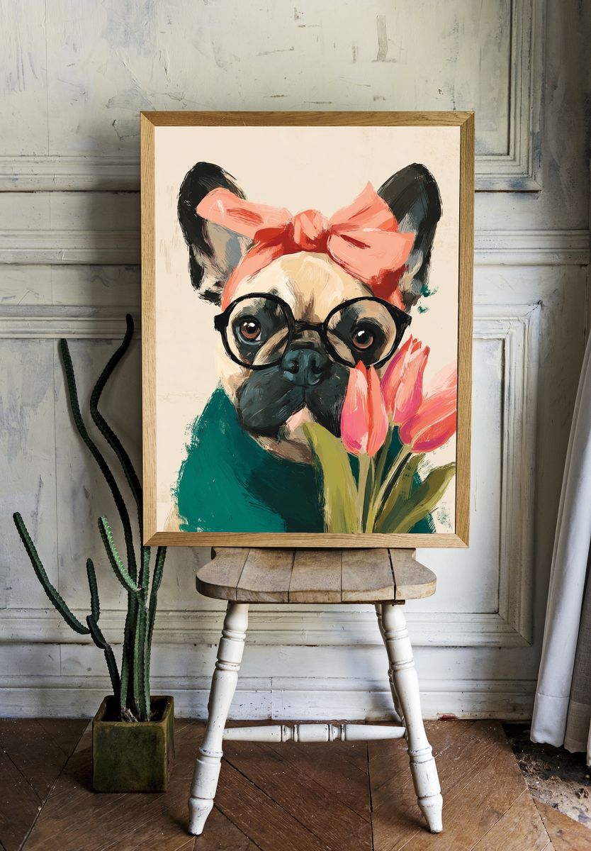 Stylish French Bulldog with Flowers — Illustration Print. room preview