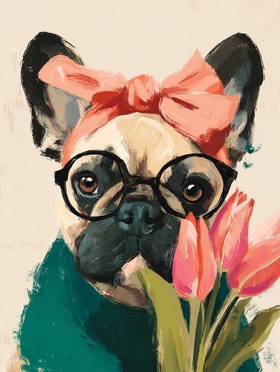 Stylish French Bulldog with Flowers — Illustration Print. poster print
