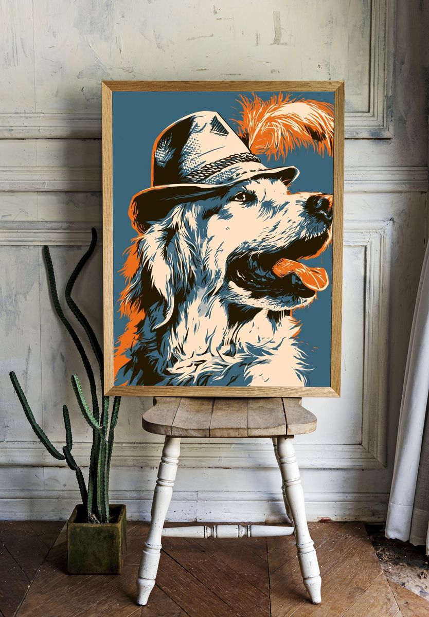 Golden Retriever Fedora Illustration Poster. — room view 1