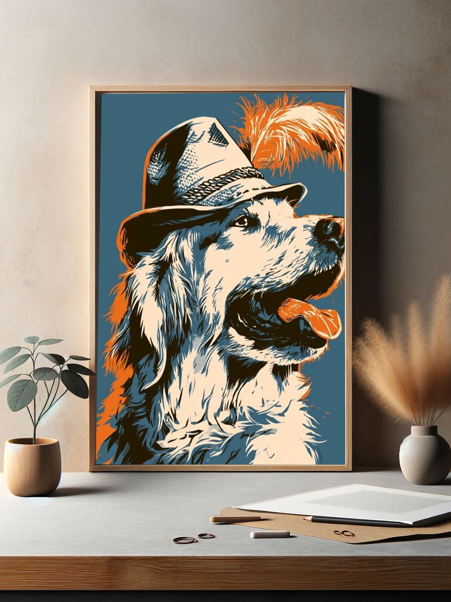 Golden Retriever Fedora Illustration Poster. — room view 2