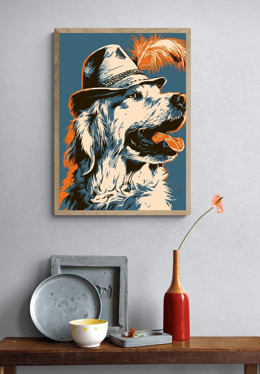 Golden Retriever Fedora Illustration Poster. — room view 3