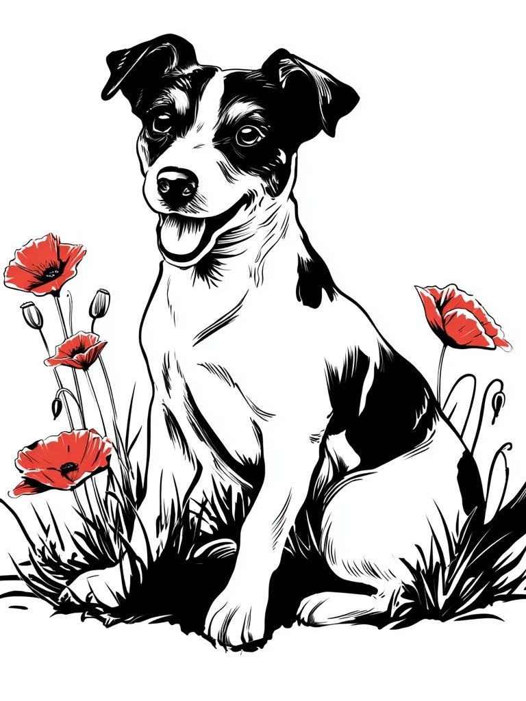 Playful Dog with Poppies — Illustration Print. poster — animals art