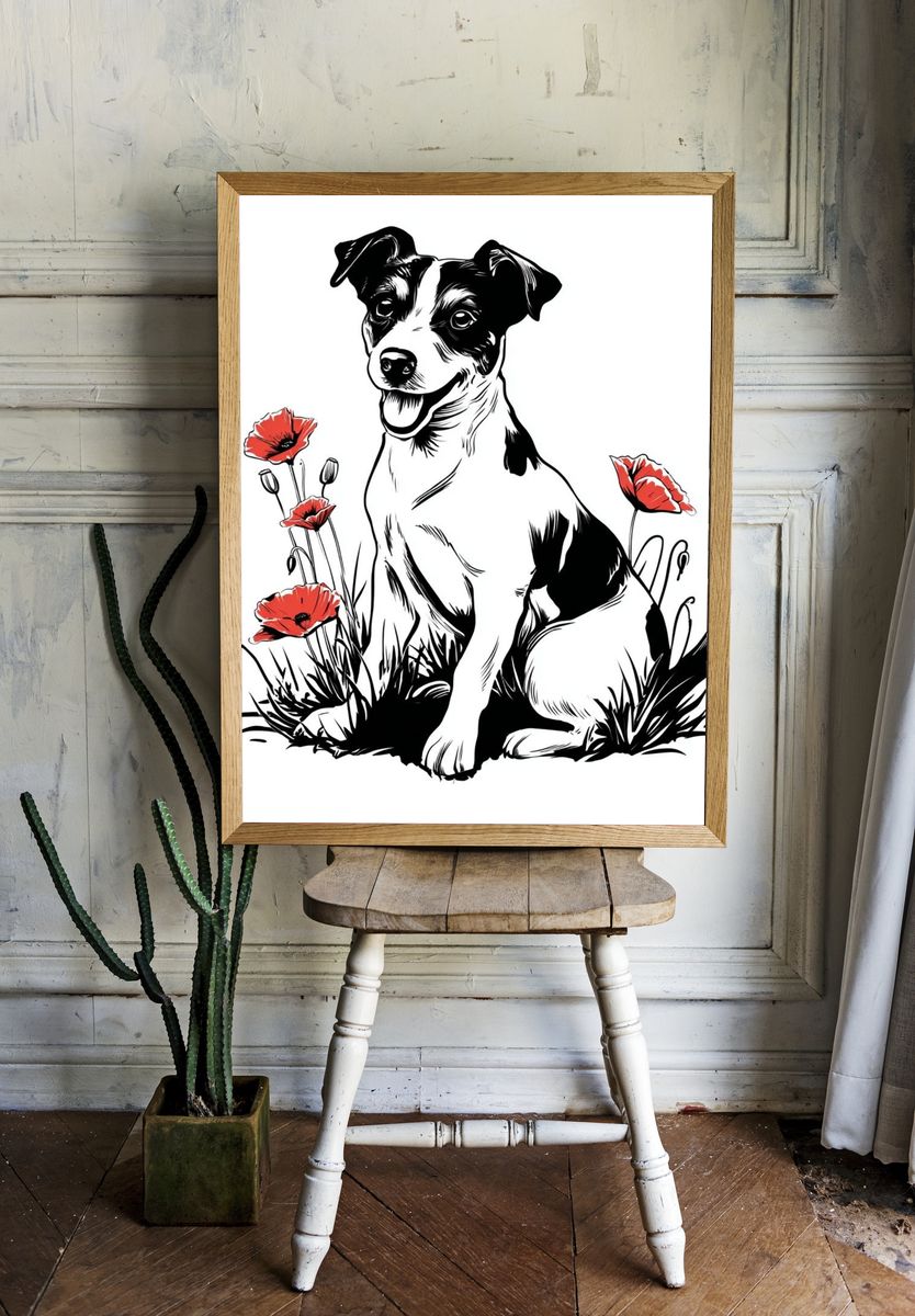 Playful Dog with Poppies — Illustration Print. room preview