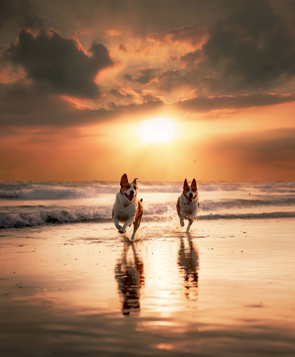 Dogs Running at Sunset Photography Poster. poster detail