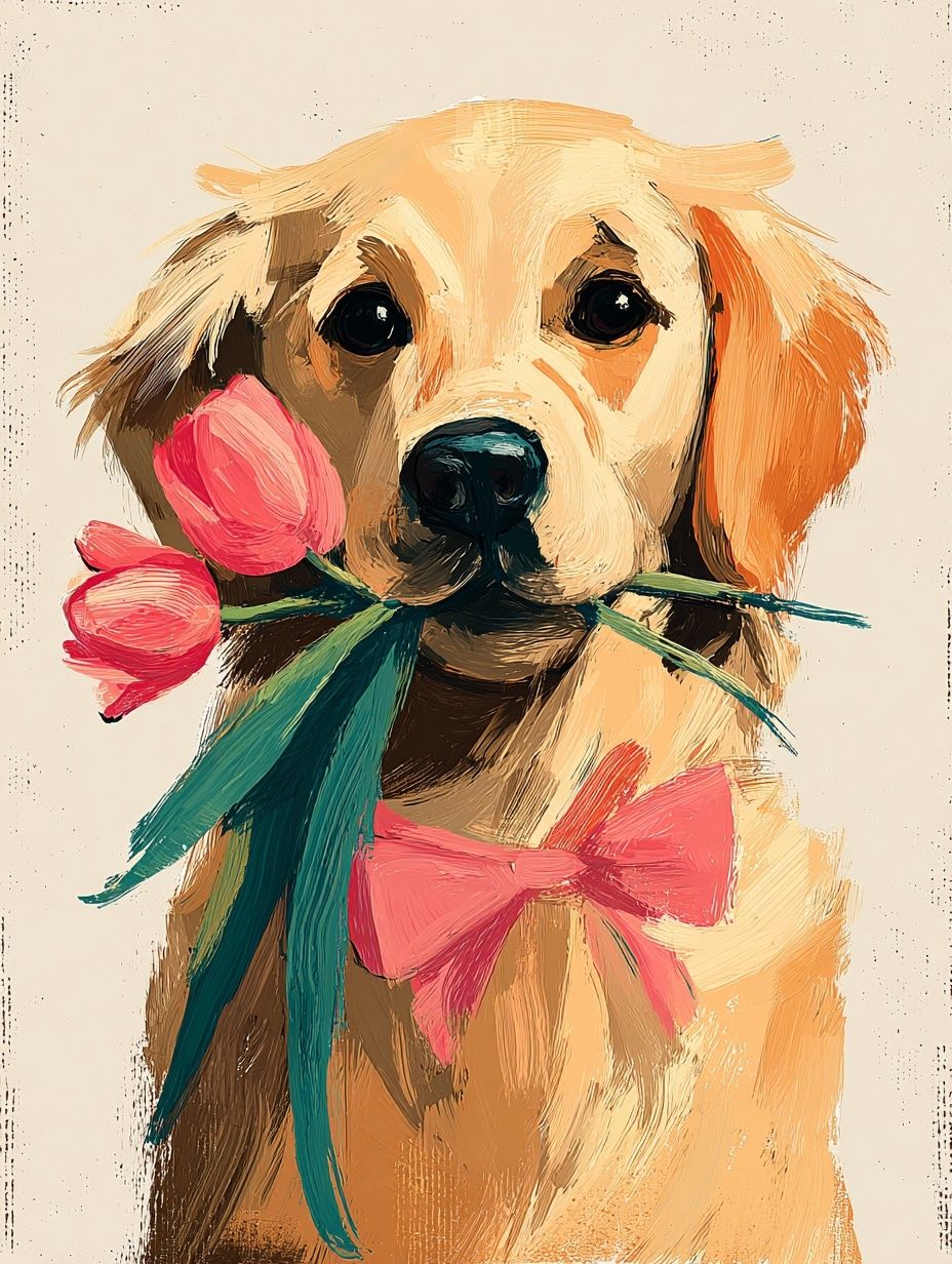 Golden Retriever with Flowers — Illustration Print. poster — illustration art