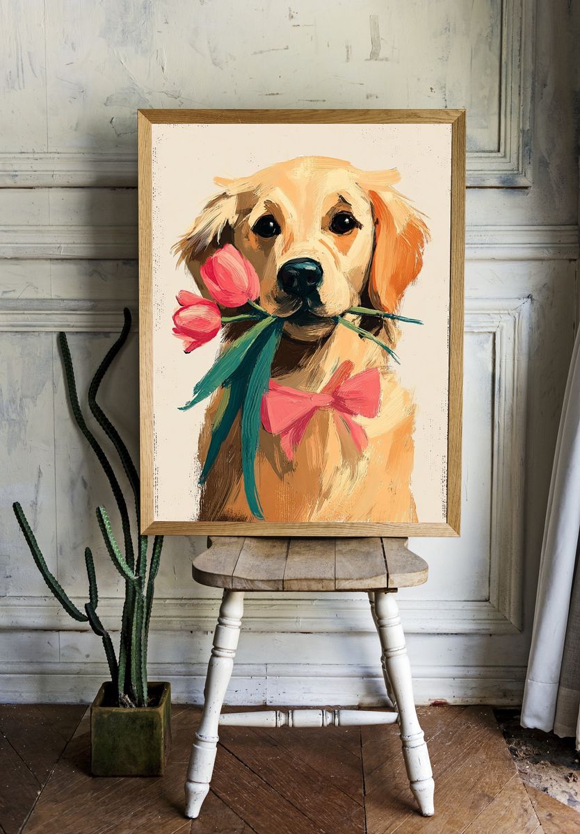 Golden Retriever with Flowers — Illustration Print room preview