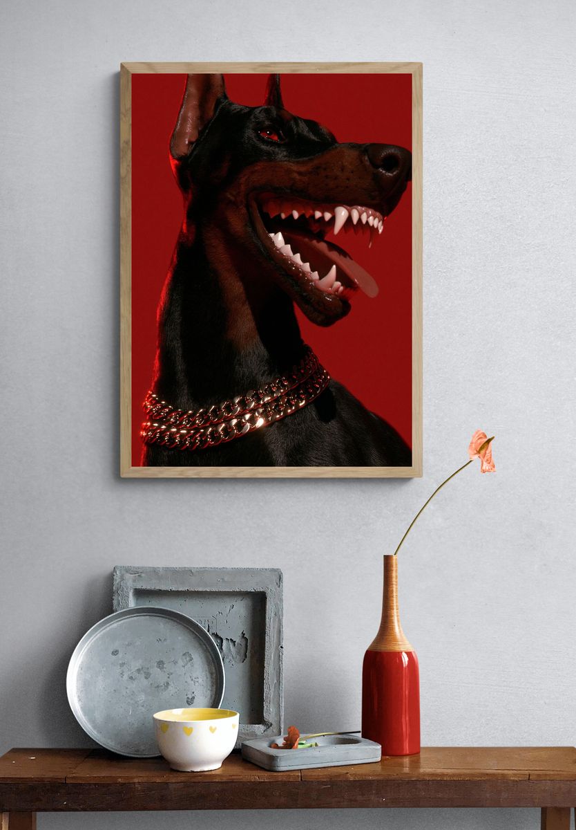 Doberman in Red Light Poster. — room view 3